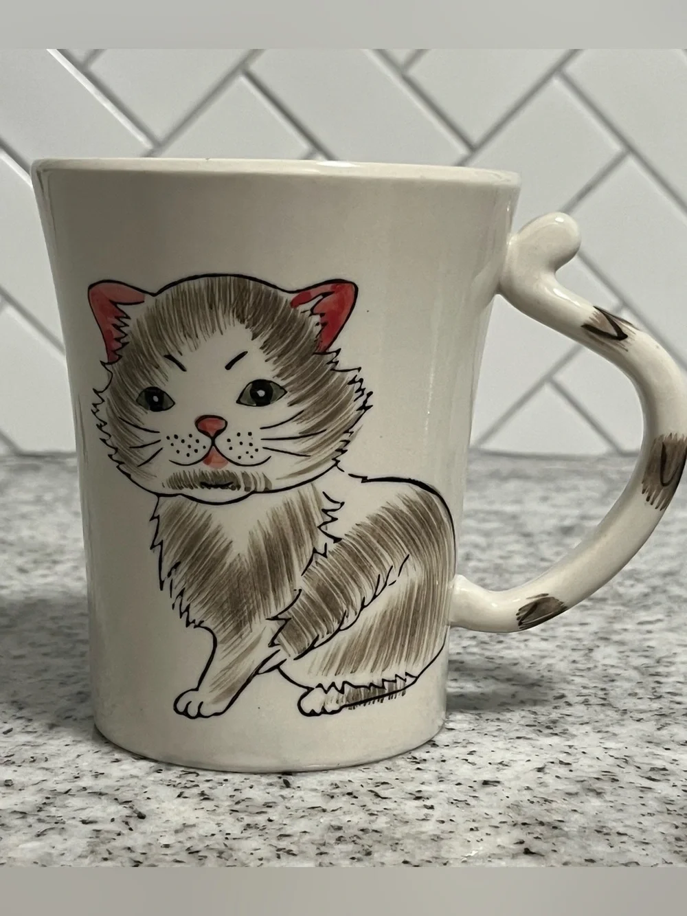 Pier 1 Imports Hand Painted Gray Cat Stoneware Coffee Mug Tail Handle 12 oz